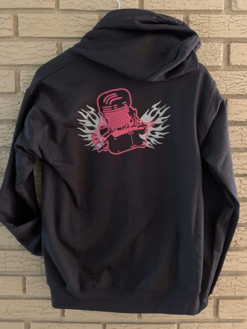 A black hoodie with a pink and white design on the back.