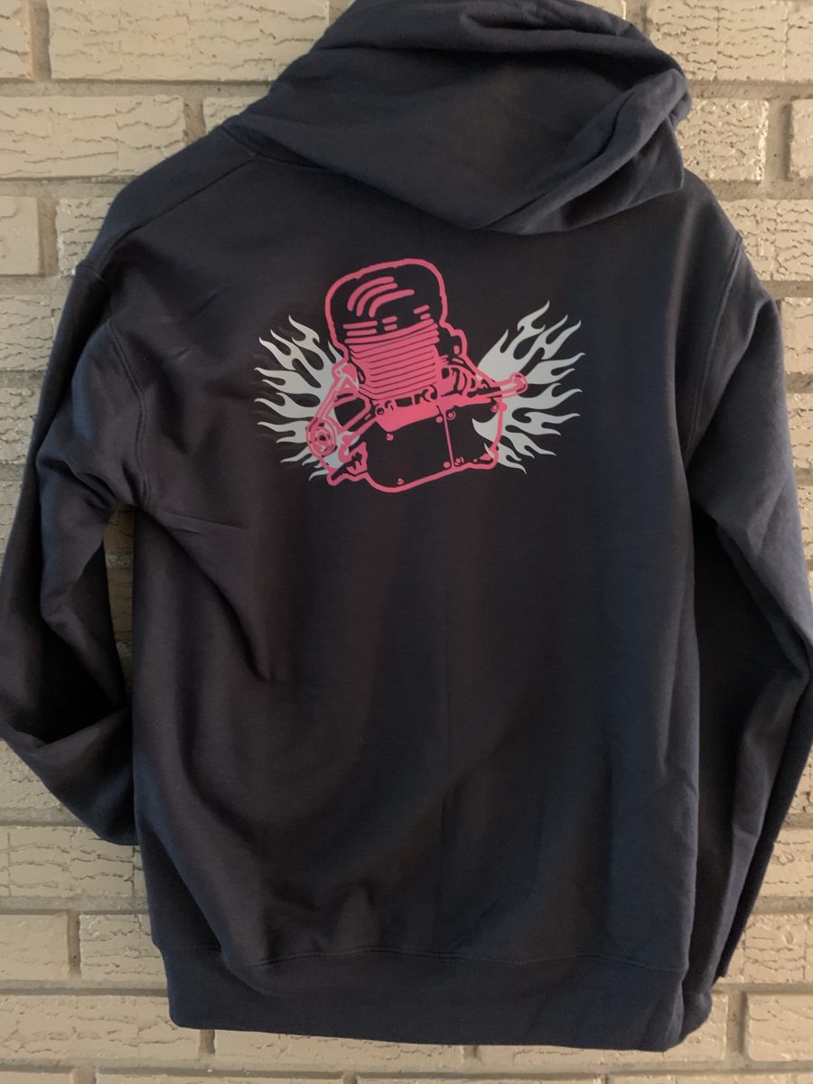 A black hoodie with a pink skateboard on it.