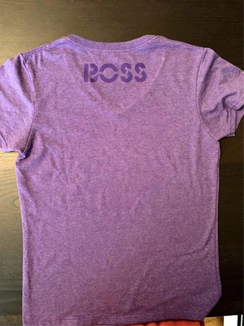 A purple shirt with the word boss written on it.