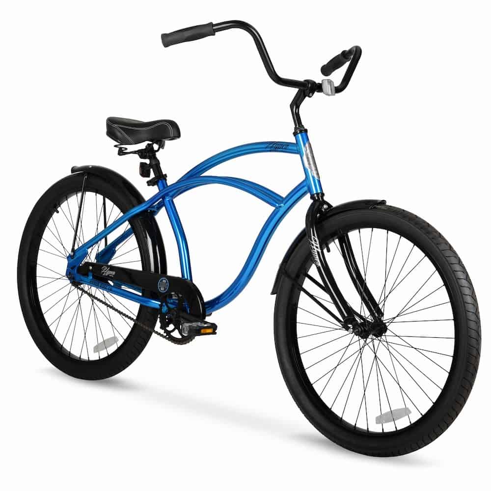 A blue bicycle is parked on the ground