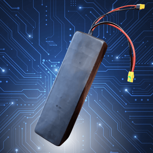 A blue background with wires and a battery.