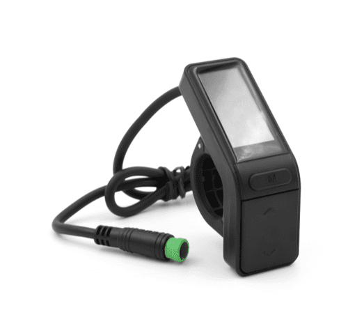 A black device with green light on it.