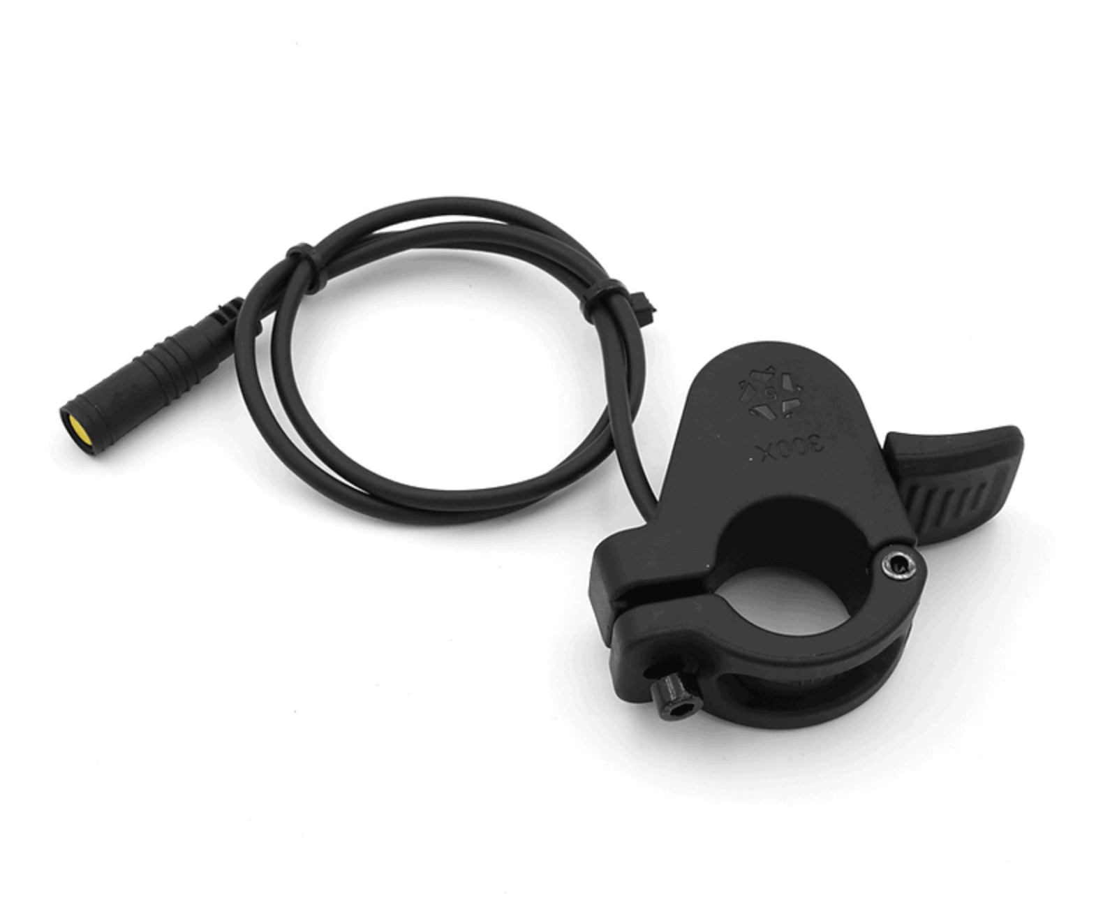 A black bicycle handle bar with a cable attached to it.