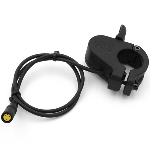 A black bicycle handlebar mount with an extension cable attached.