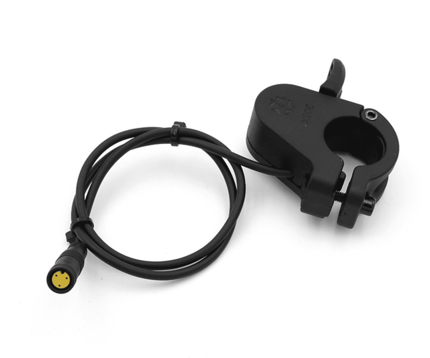 A black bicycle handlebar mount with an extension cable attached.