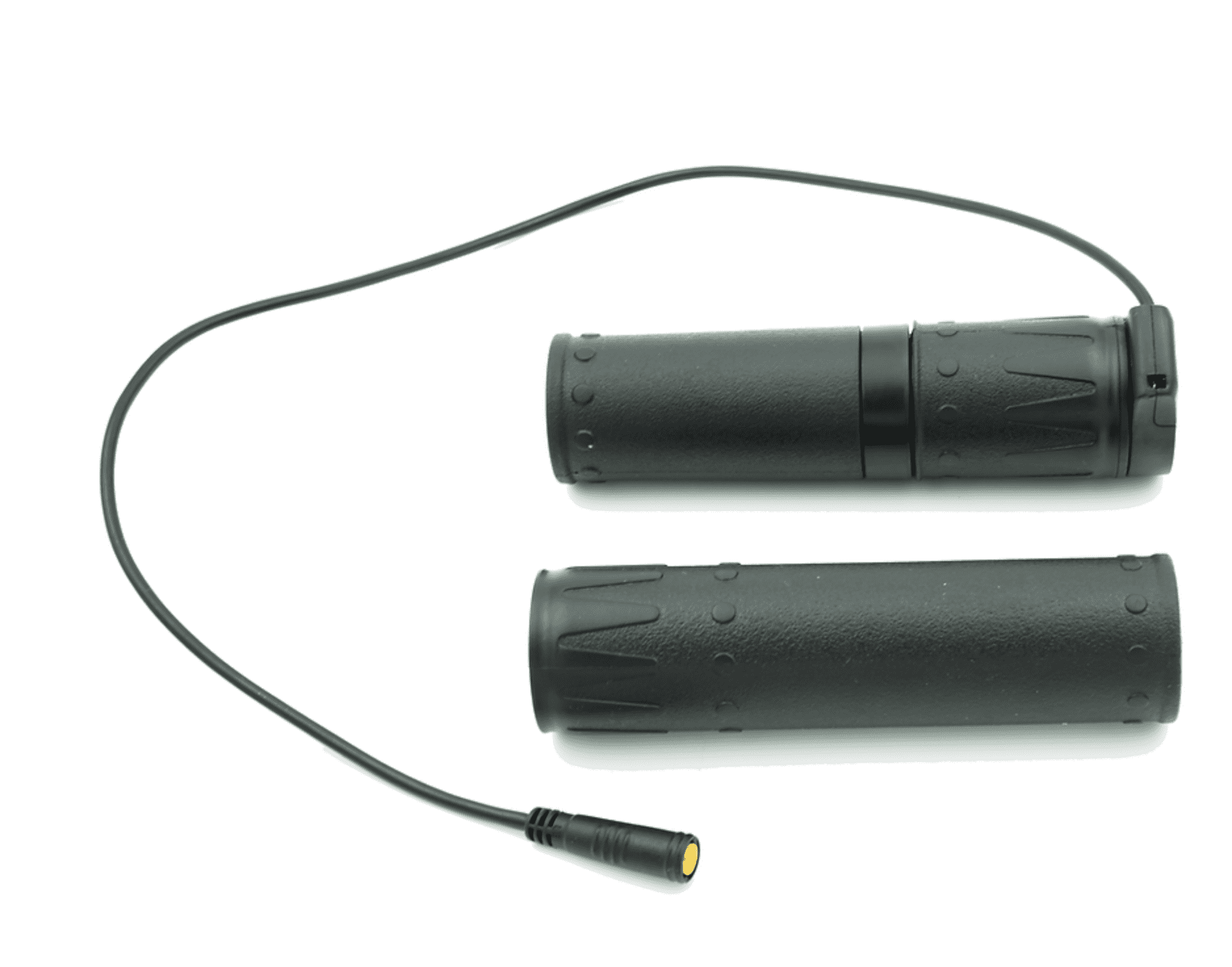 A pair of black jump ropes on top of a white surface.