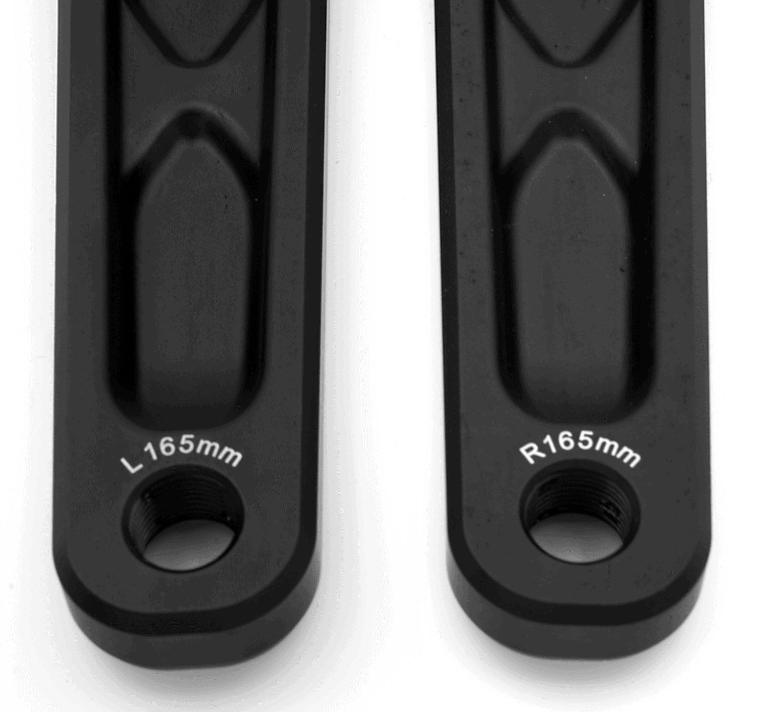 A pair of black plastic handles with the letters l 1 6 5 mm and r 1 6 5 mm.