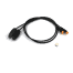 A black cord with an orange end and a white button