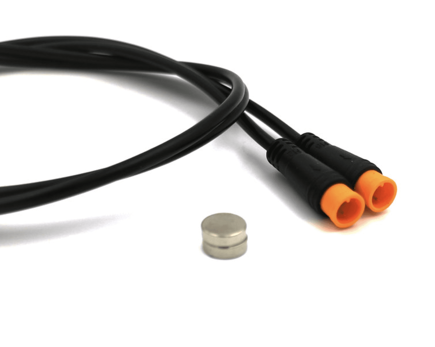 A pair of orange plugs are connected to a black cord.