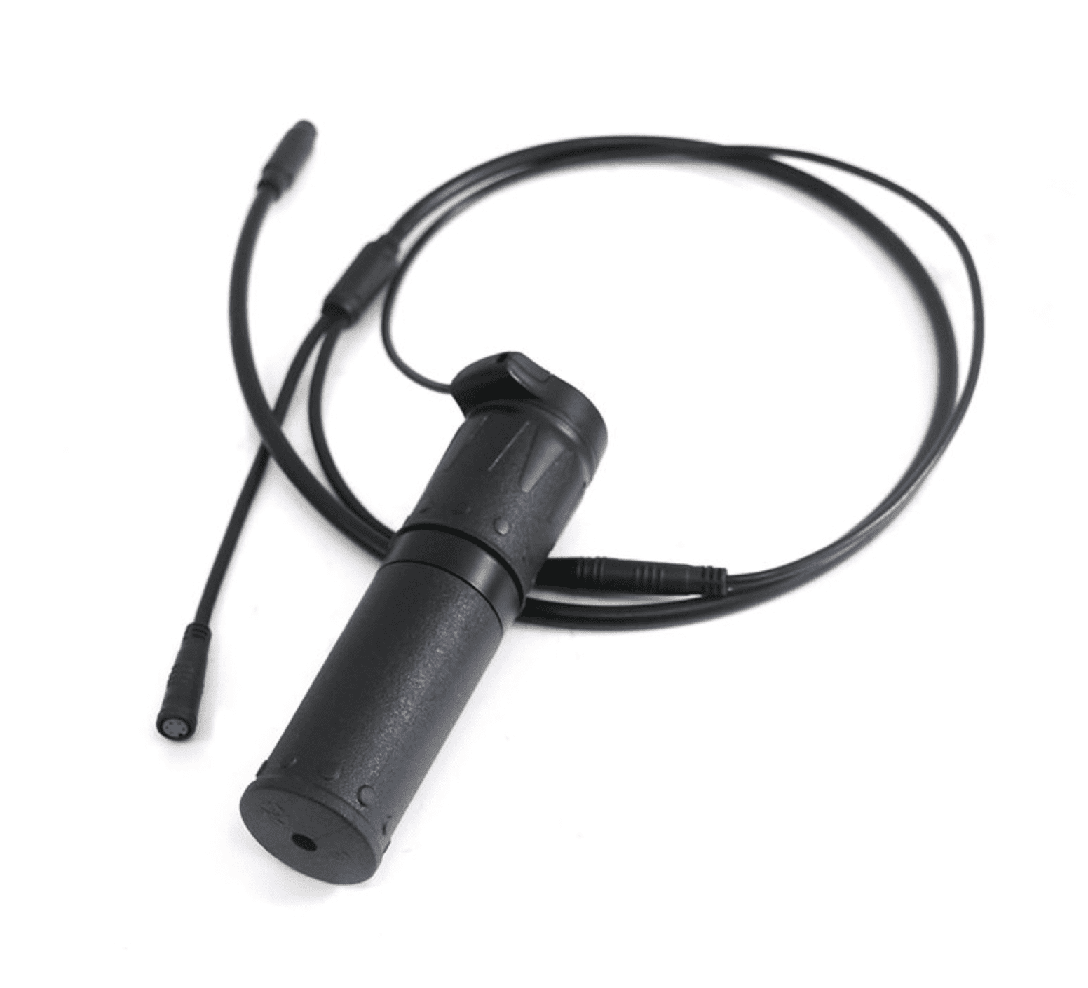 A black jump rope with two wires attached to it.