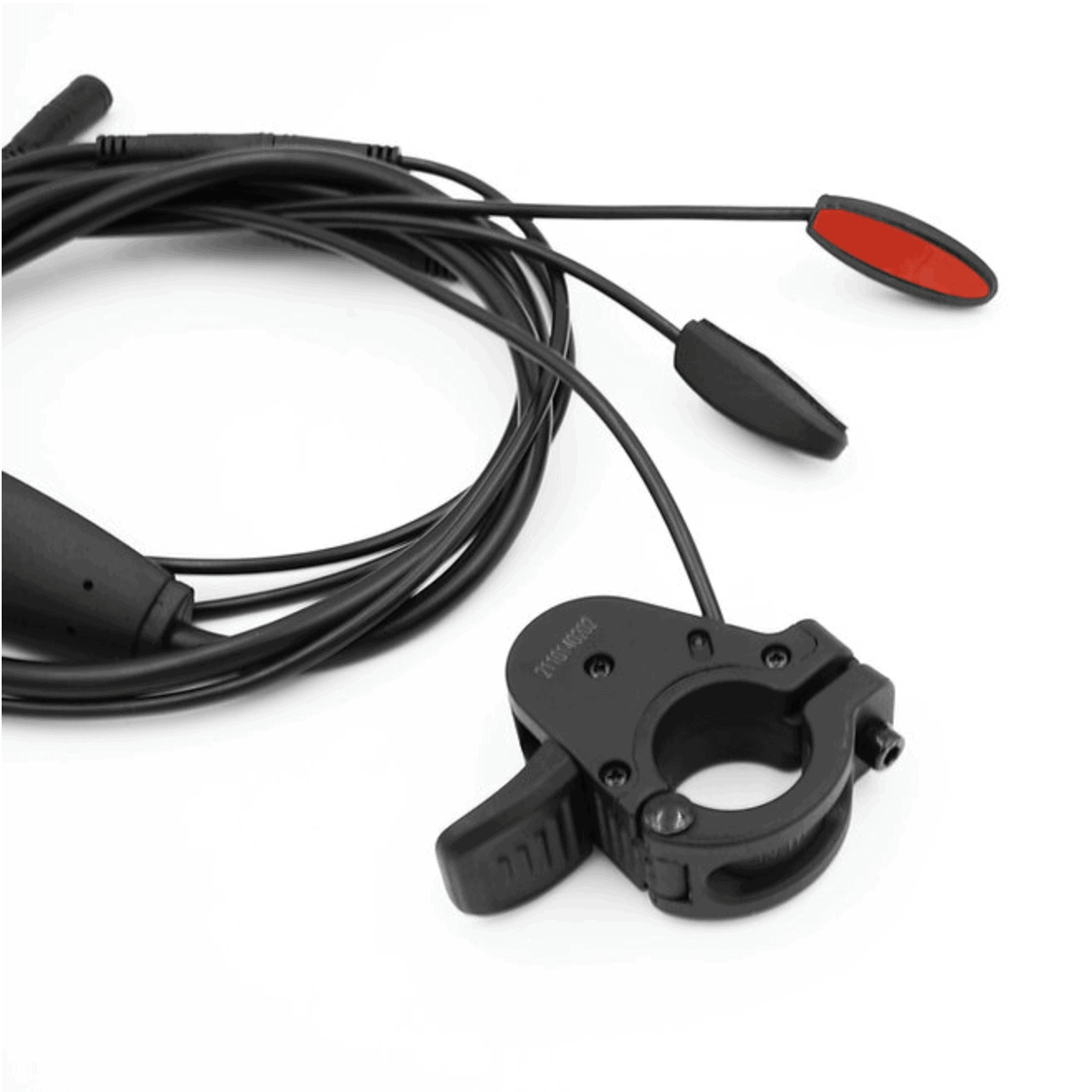 A black cord with two red wires and a black ring.