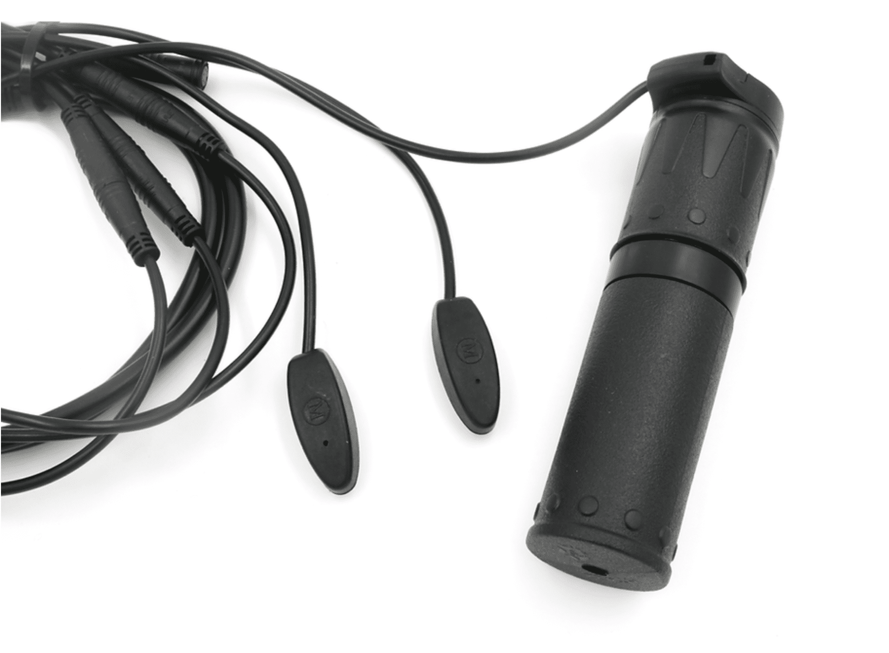 A black microphone with two cords attached to it.
