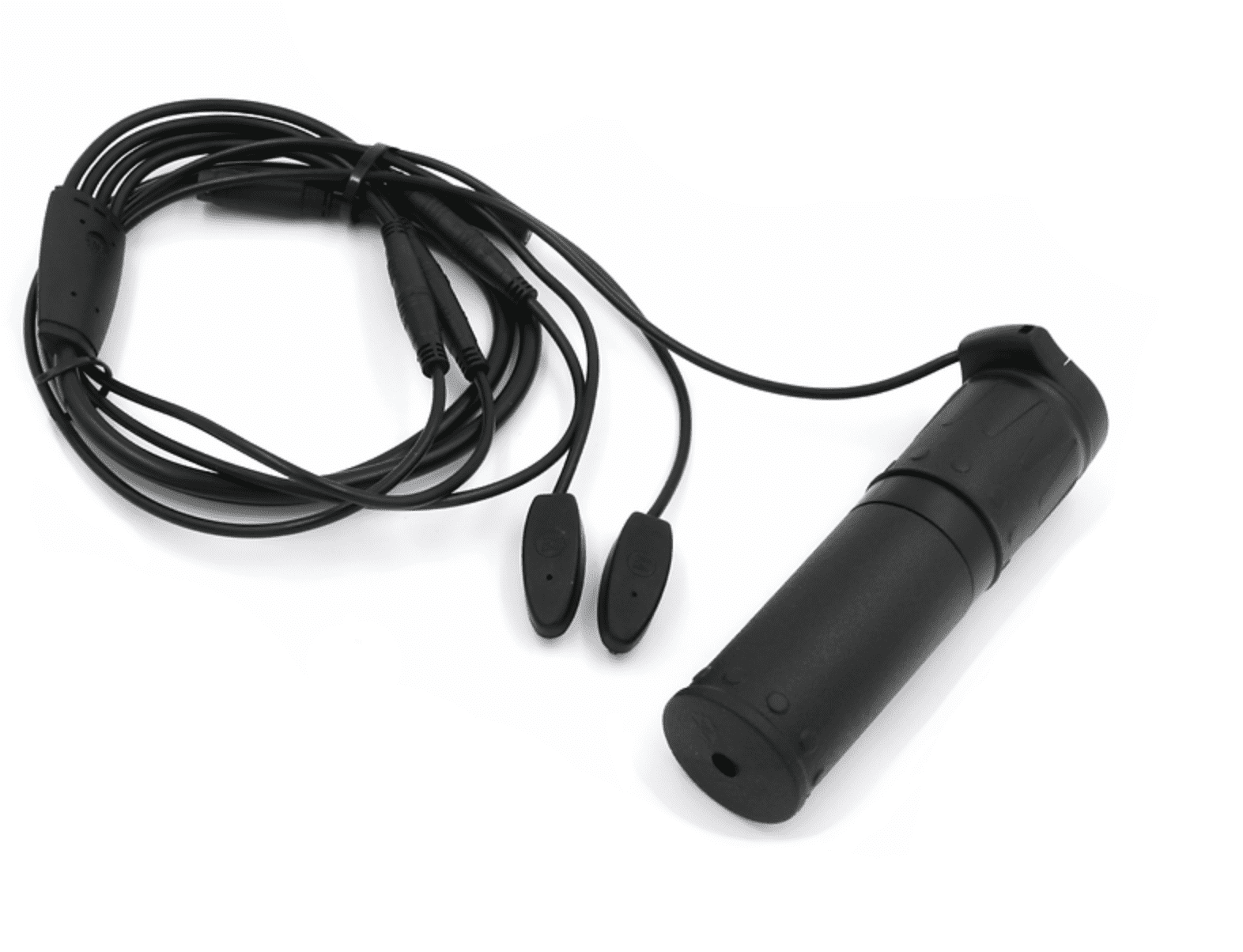 A black microphone with two wires attached to it.