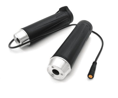 A pair of black and silver electronic hand grips.