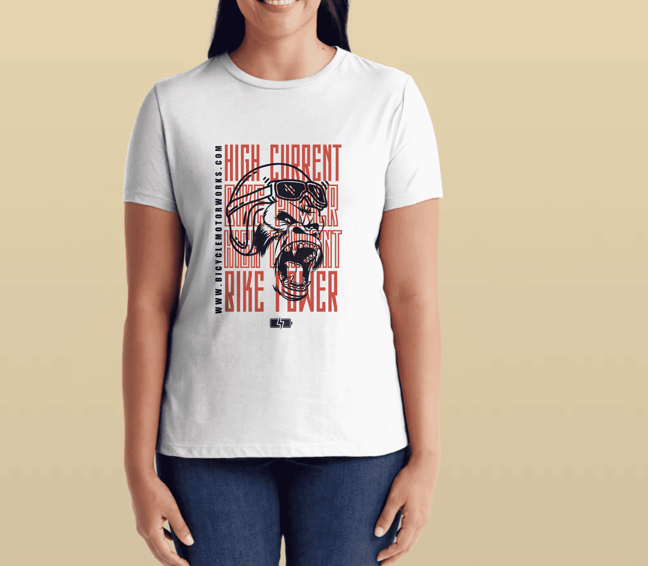 A woman wearing white t-shirt with image of tiger.