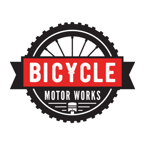 A bicycle motor works logo on a black background